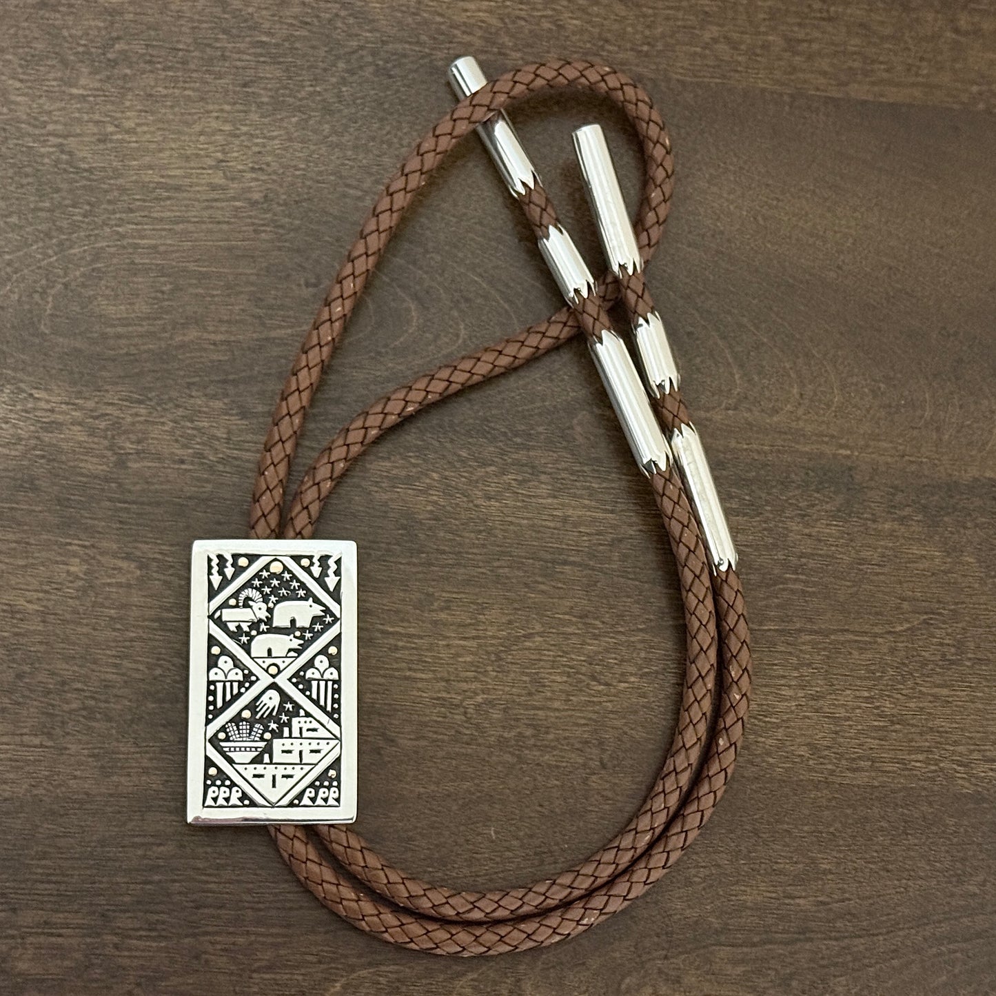 Santo Domingo Pueblo Storyteller Bolo Tie Sterling Silver 14k Gold Native American Jewelry