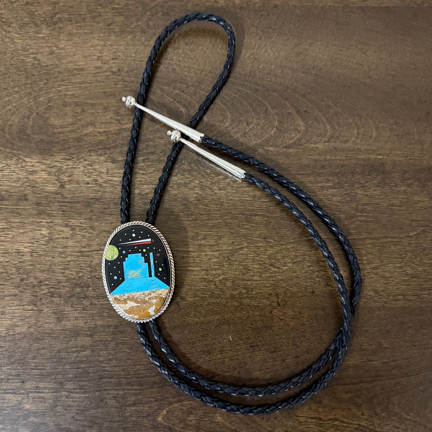 Navajo Sterling Silver Space Landscape Multi-Stone Inlay Bolo Tie Native American Jewelry