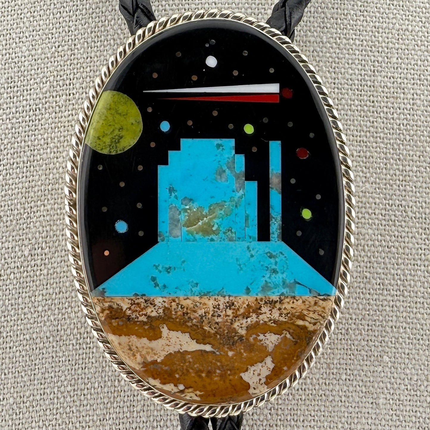 Navajo Sterling Silver Space Landscape Multi-Stone Inlay Bolo Tie Native American Jewelry
