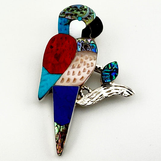 Zuni Pueblo Parrot Multi Stone Inlay Sterling Silver Pendant Native American Jewelry